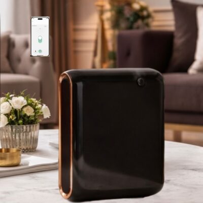 Elegancki dyfuzor zapachów zdalnie sterowany z aplikacji. Technologia zimnej dyfuzji - zapach rozpylany do cząsteczki mniejszej niż powietrze. rozchodzi się na dużą powierzchnię, pobierając małe ilości zapachu.