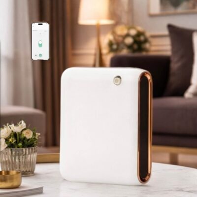 Elegancki dyfuzor zapachów zdalnie sterowany z aplikacji. Technologia zimnej dyfuzji - zapach rozpylany do cząsteczki mniejszej niż powietrze. rozchodzi się na dużą powierzchnię, pobierając małe ilości zapachu.
