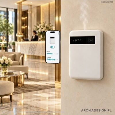 DYFUZOR ZAPACHOWY F100 zimna dyfuzja, biały, zdalnie sterowany bluetooth i wifi, zasięg100 m2